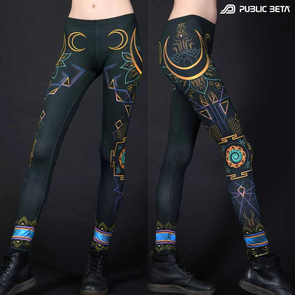 Leggings with UV-reactive psychedelic art print, photographed in natural light