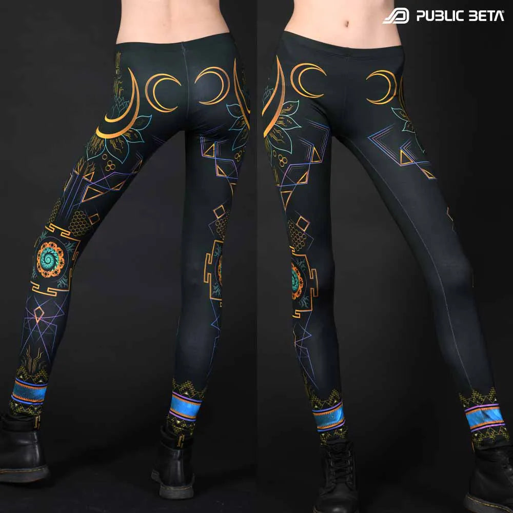 Leggings with UV-reactive psychedelic art print, photographed in natural light