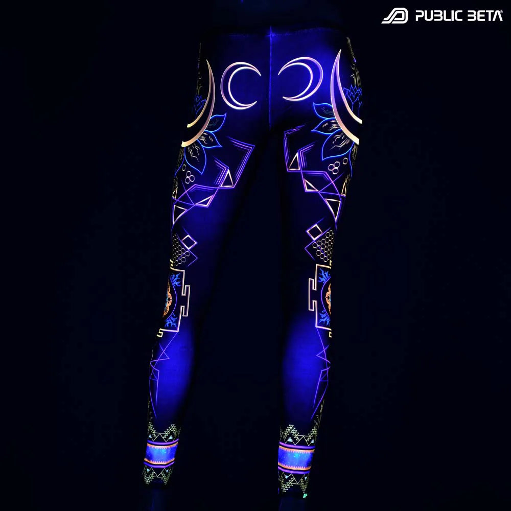 Leggings with UV-reactive psychedelic art print glowing under blacklight