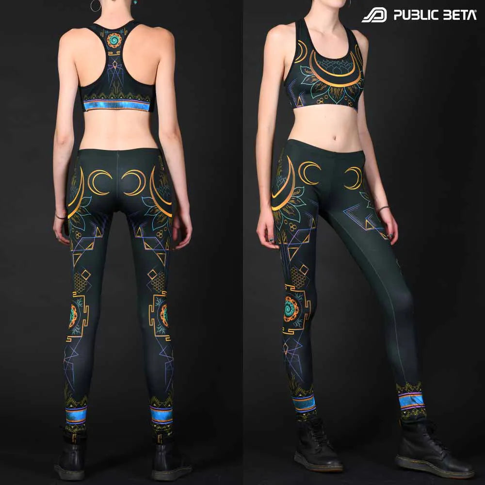 Leggings with UV-reactive psychedelic art print, photographed in natural light