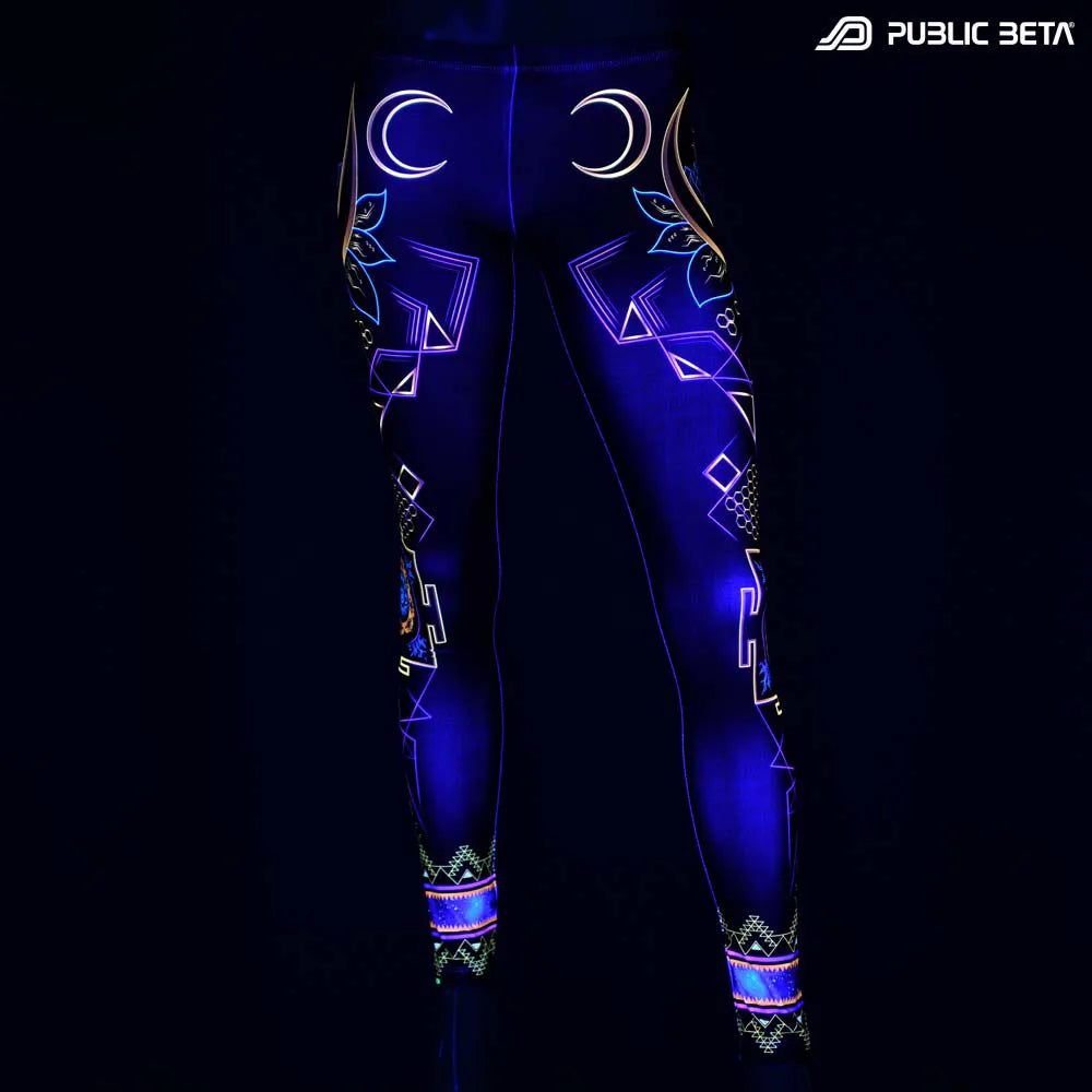 Leggings with UV-reactive psychedelic art print glowing under blacklight