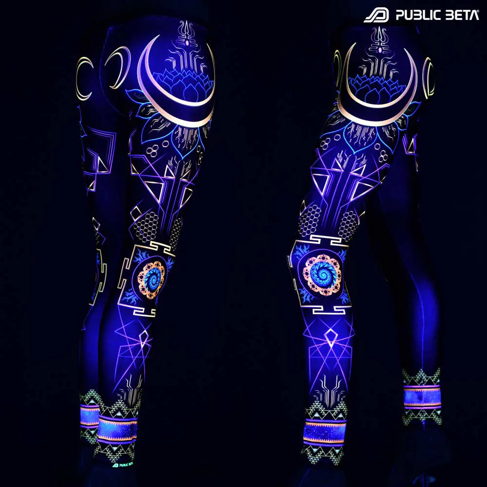 Leggings with UV-reactive psychedelic art print glowing under blacklight
