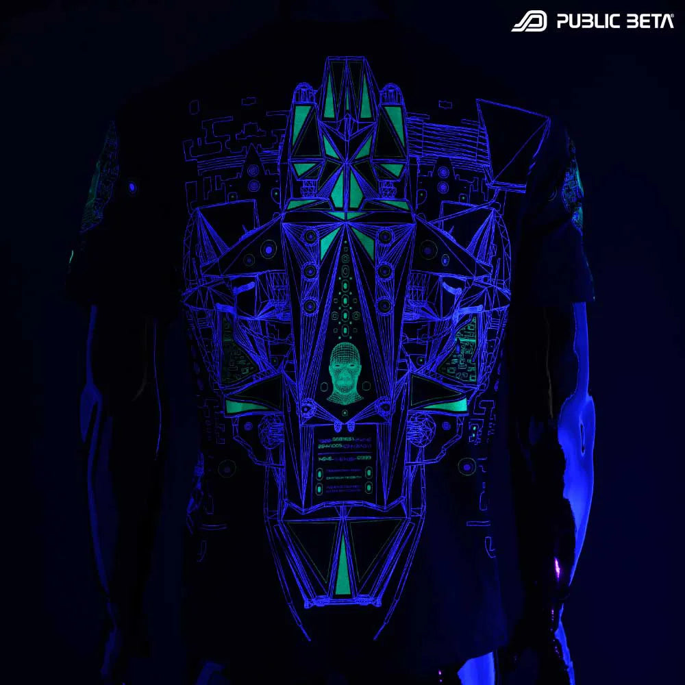 T-shirt with futuristic UV-reactive graphics glowing under blacklight