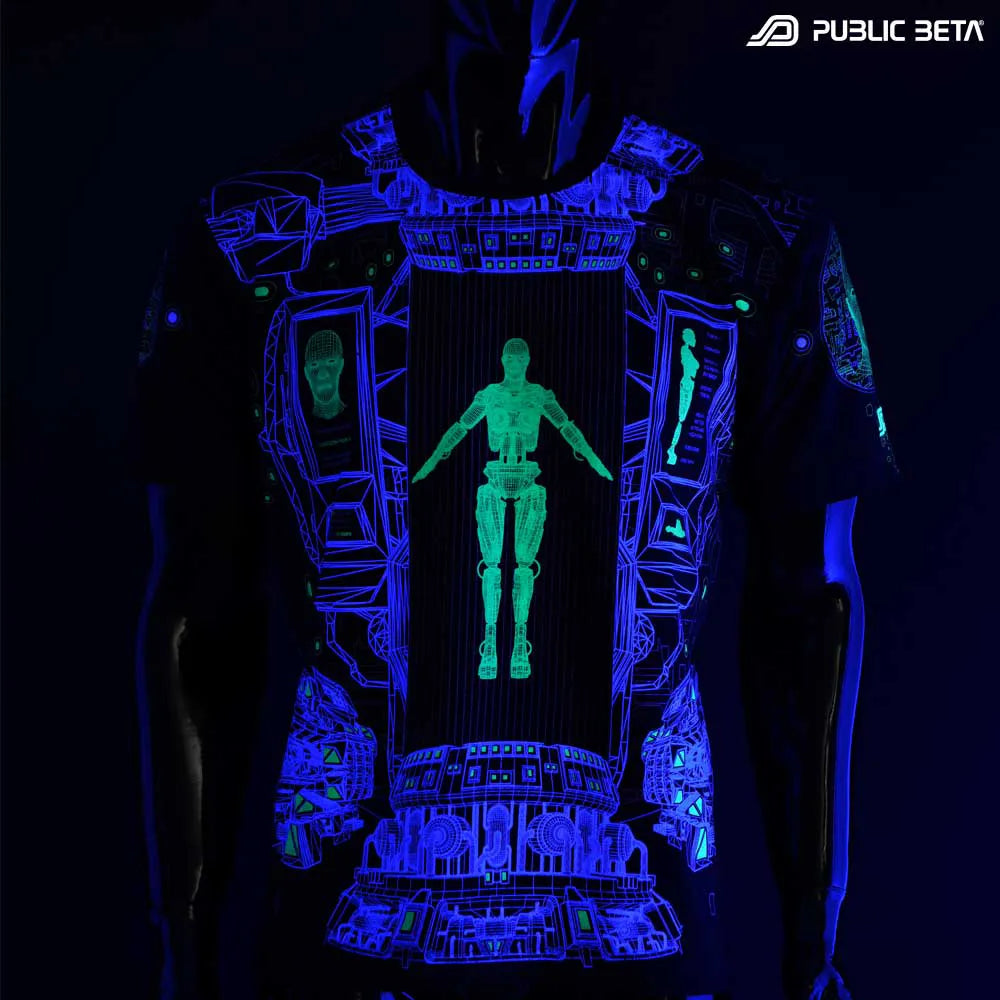 T-shirt with futuristic UV-reactive graphics glowing under blacklight