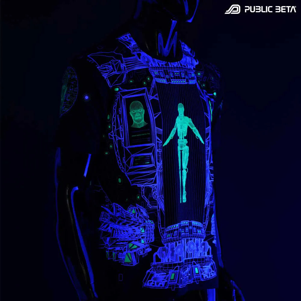 T-shirt with futuristic UV-reactive graphics glowing under blacklight