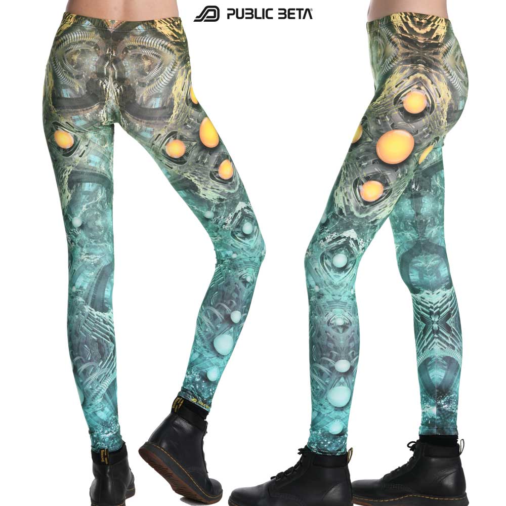 Leggings with biomechanical orb print, photographed in natural light