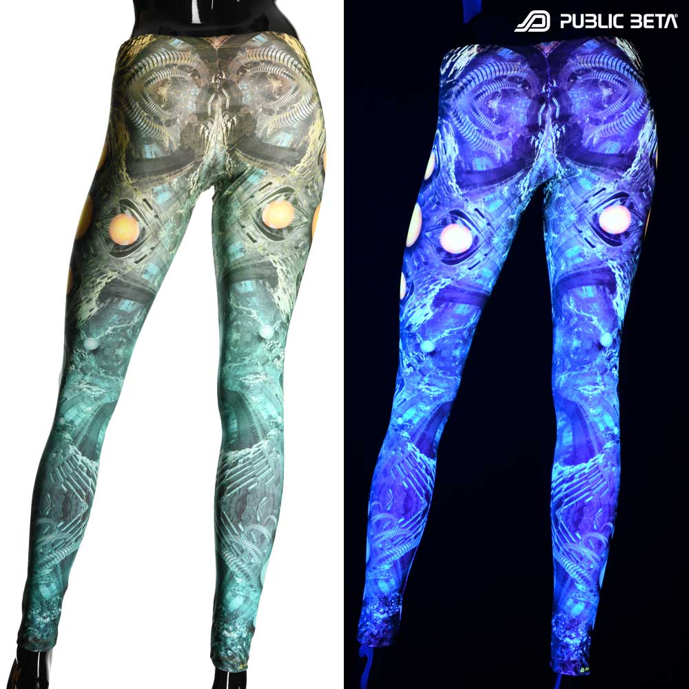 Split image of leggings with biomechanical orb print shown in natural light and glowing under blacklight