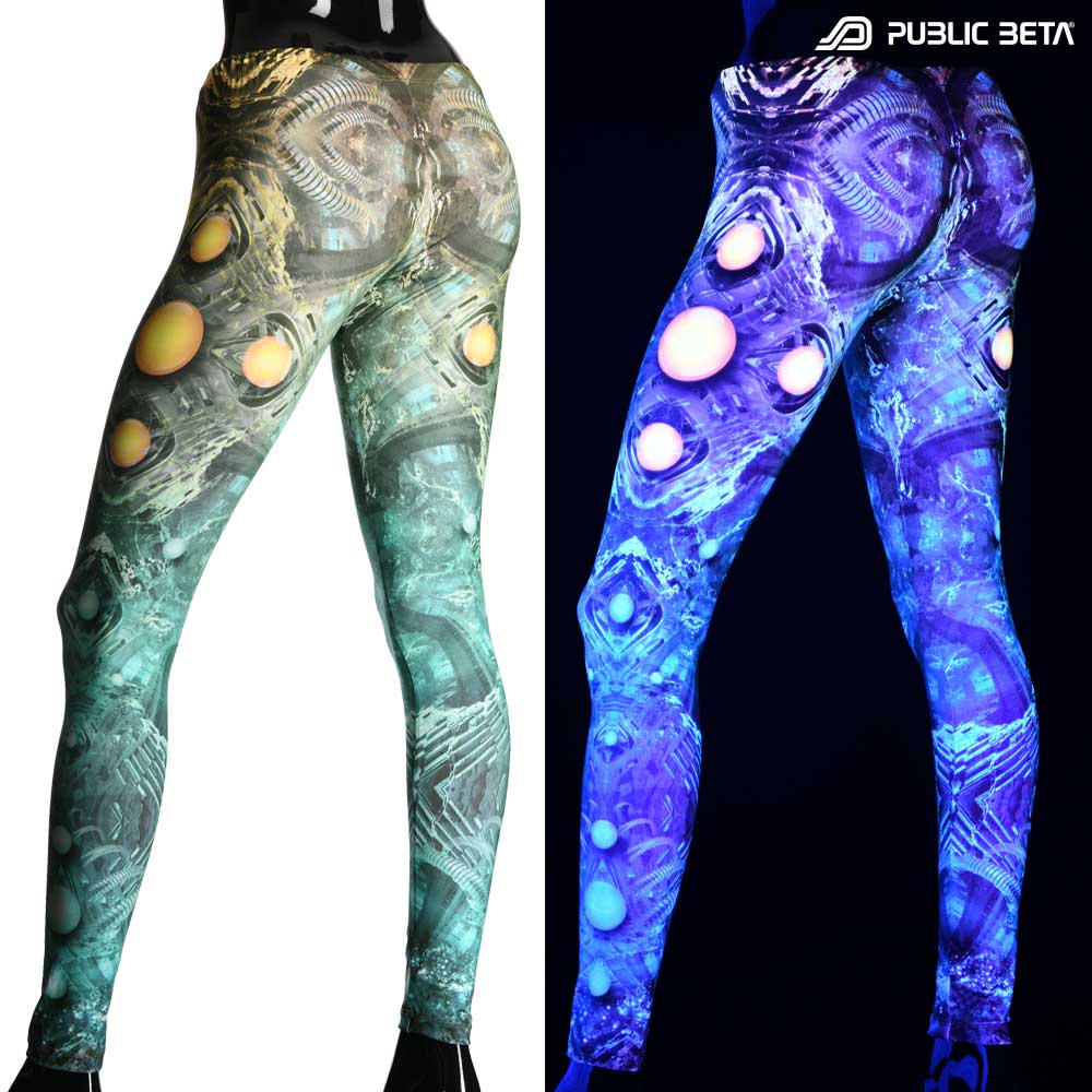 Split image of leggings with biomechanical orb print shown in natural light and glowing under blacklight