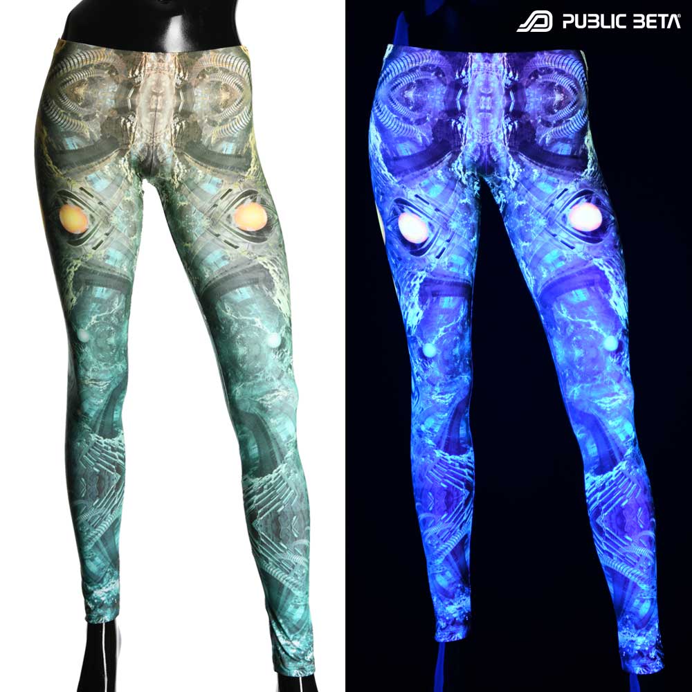 Split image of leggings with biomechanical orb print shown in natural light and glowing under blacklight