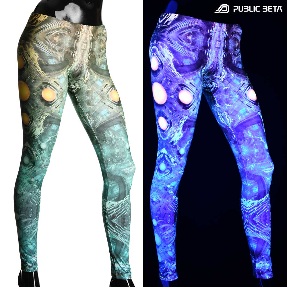 Split image of leggings with biomechanical orb print shown in natural light and glowing under blacklight
