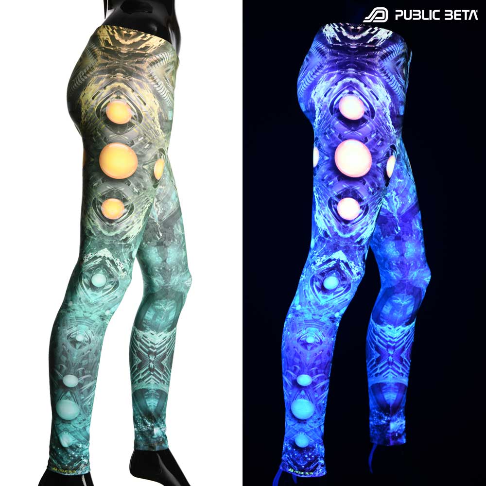 Split image of leggings with biomechanical orb print shown in natural light and glowing under blacklight