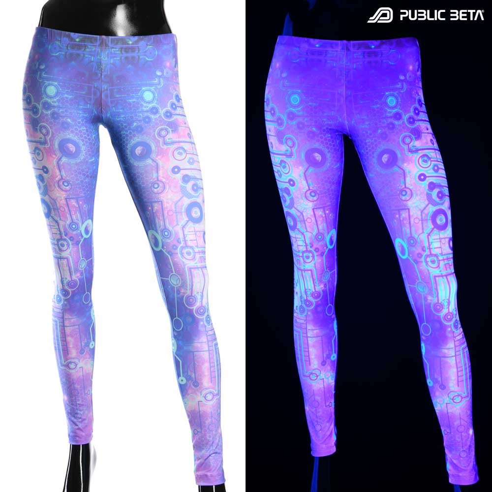 Split image of leggings with cosmic circuit print shown in natural light and glowing under blacklight