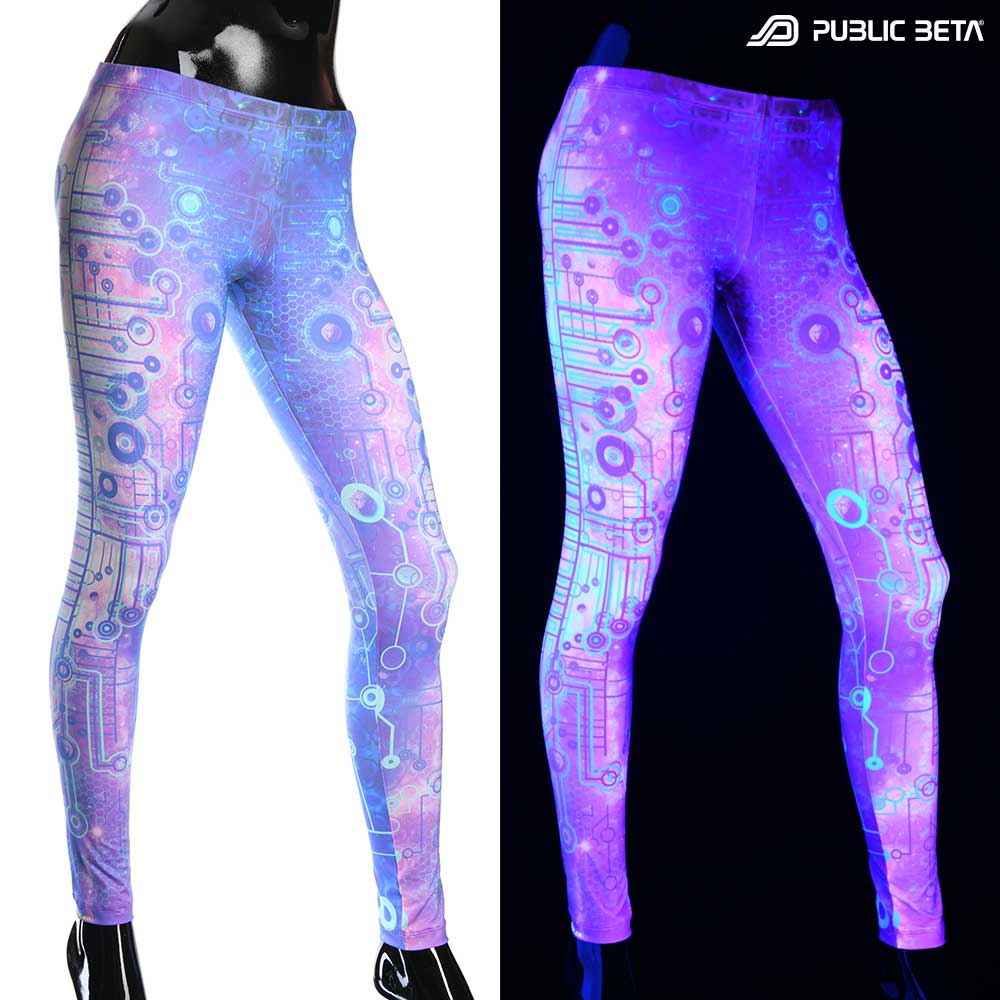 Split image of leggings with cosmic circuit print shown in natural light and glowing under blacklight