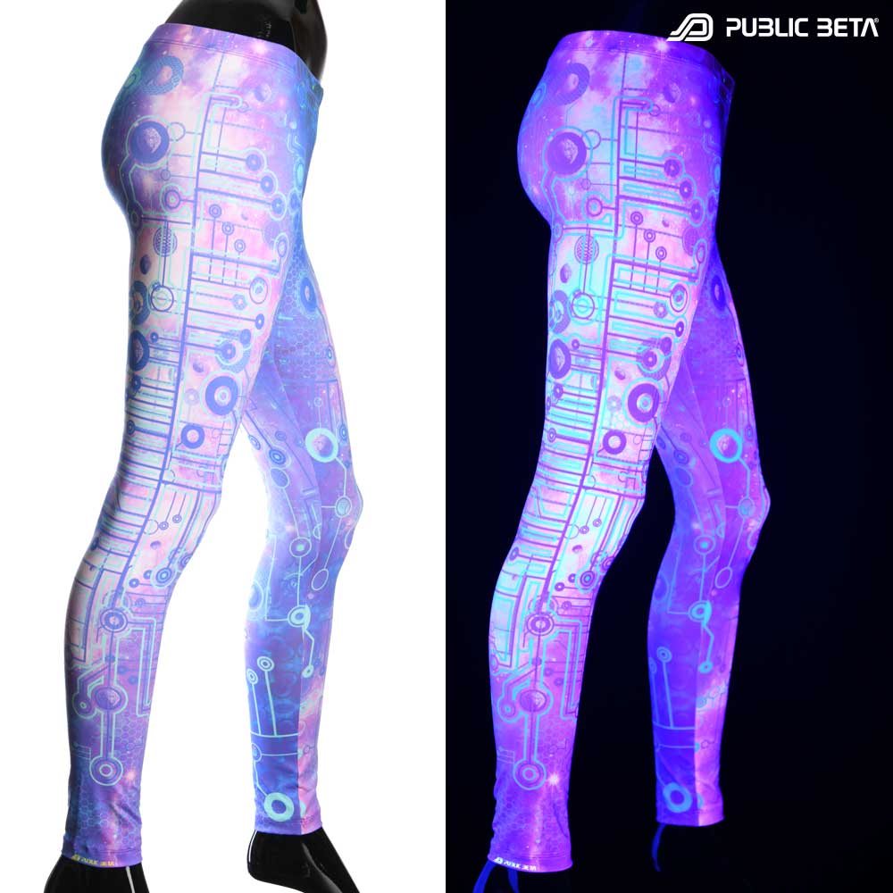 Split image of leggings with cosmic circuit print shown in natural light and glowing under blacklight