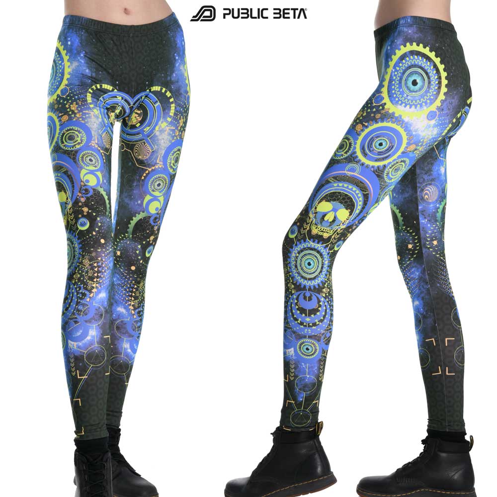 Leggings with cosmic gear skull print, photographed in natural light