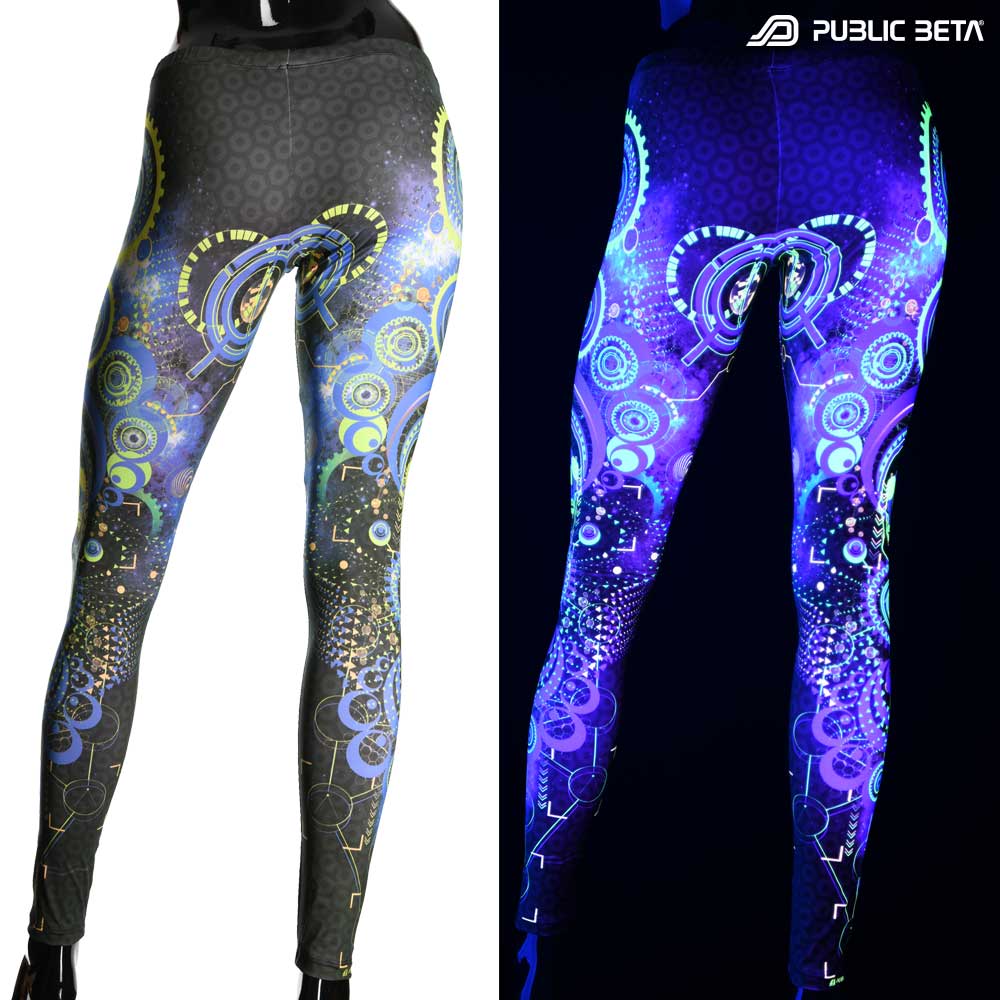 Split image of leggings with cosmic gear skull print shown in natural light and glowing under blacklight