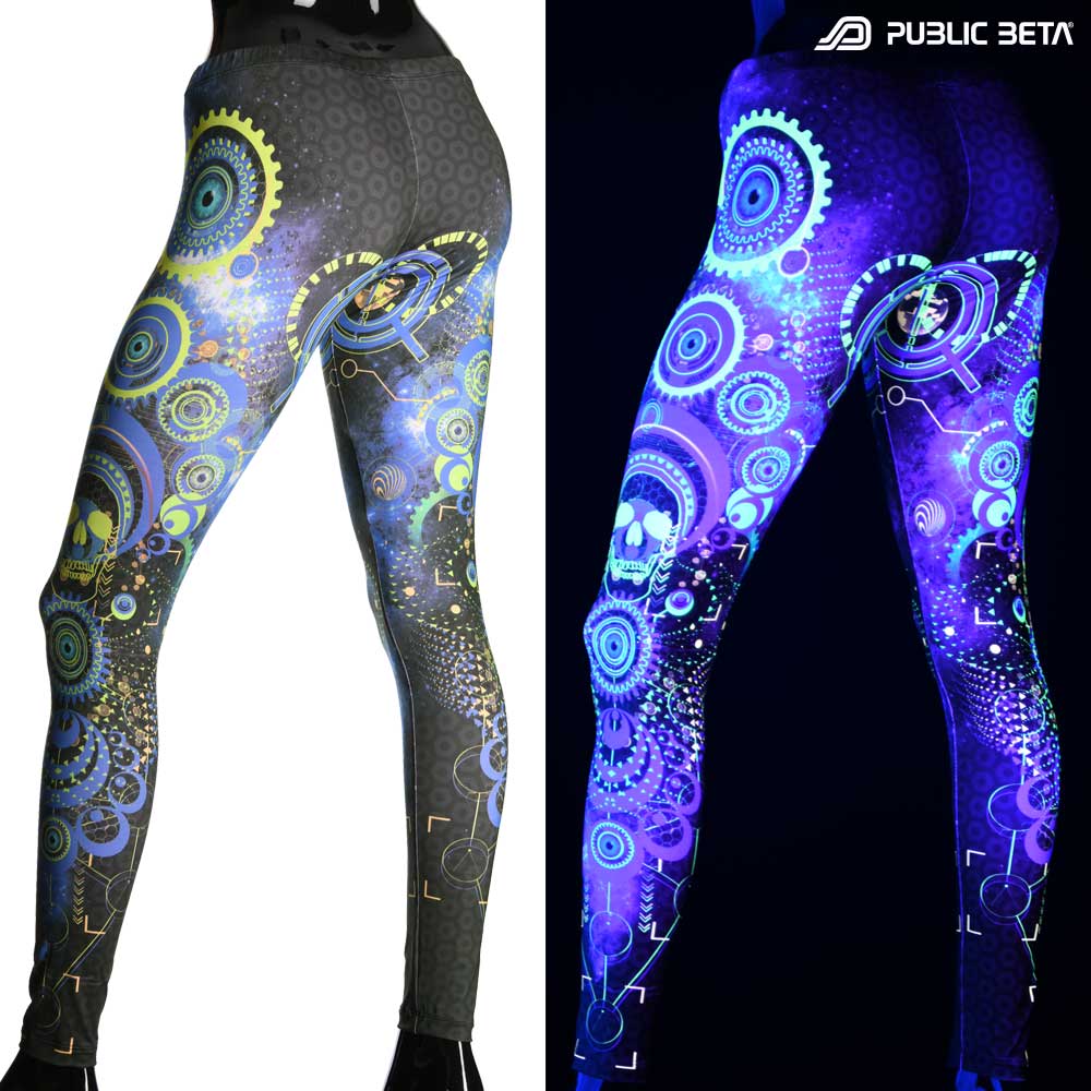 Split image of leggings with cosmic gear skull print shown in natural light and glowing under blacklight