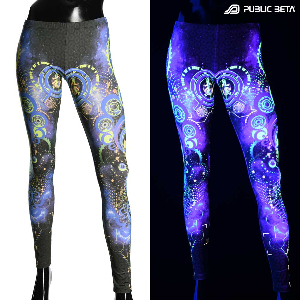 Split image of leggings with cosmic gear skull print shown in natural light and glowing under blacklight