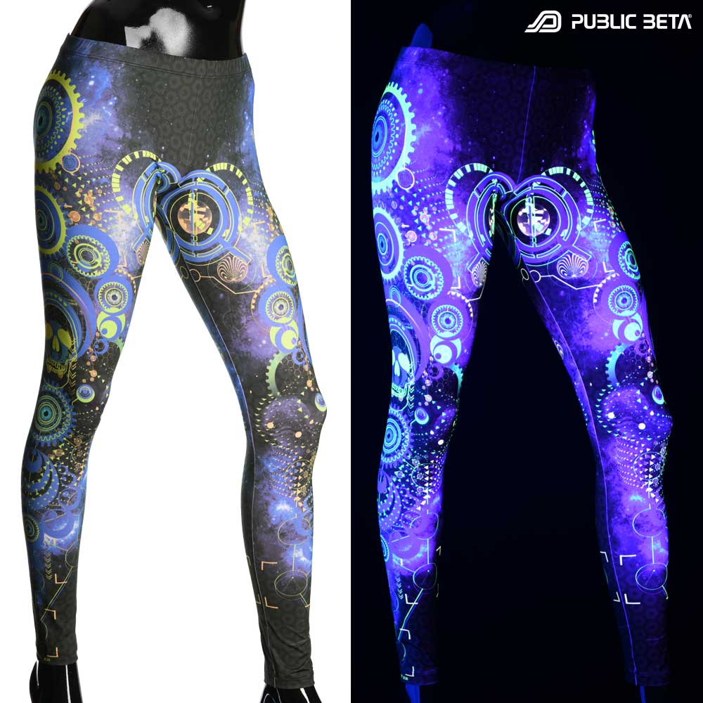 Split image of leggings with cosmic gear skull print shown in natural light and glowing under blacklight
