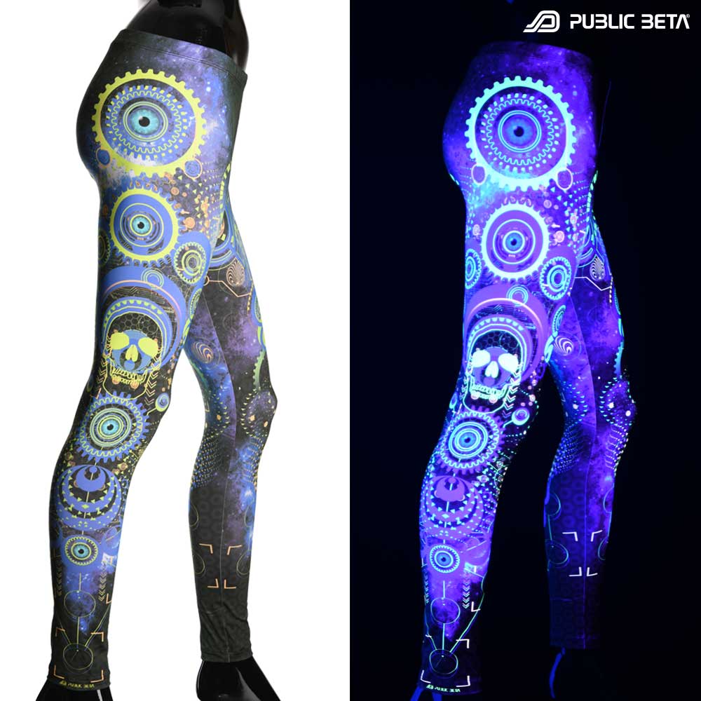 Split image of leggings with cosmic gear skull print shown in natural light and glowing under blacklight
