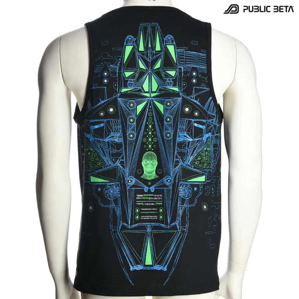 Sleeveless shirt with UV-reactive futuristic graphics, photographed in natural light