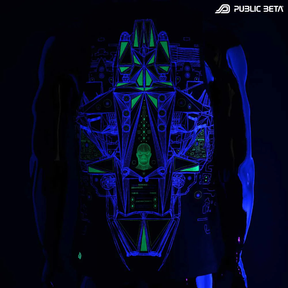 Sleeveless shirt with UV-reactive futuristic print glowing under blacklight