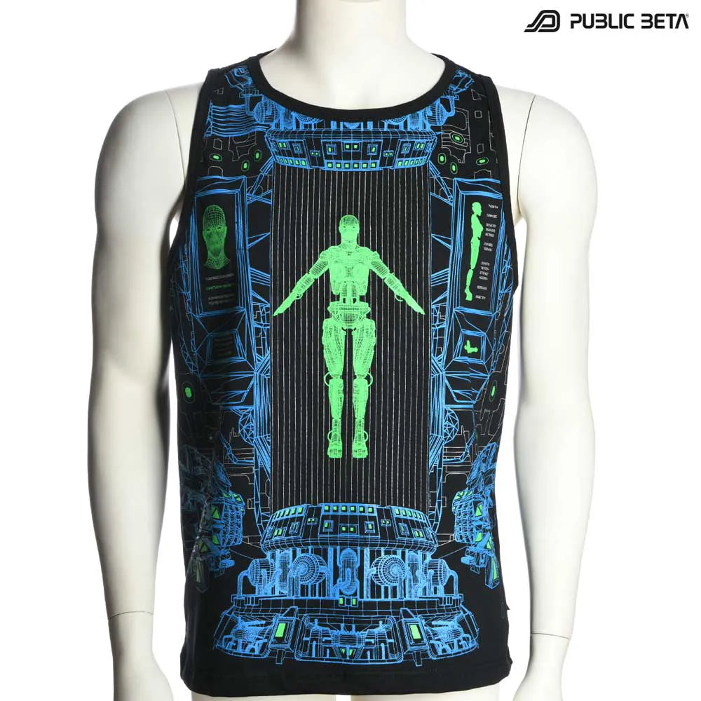 Sleeveless shirt with UV-reactive futuristic graphics, photographed in natural light