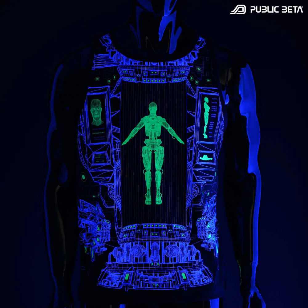 Sleeveless shirt with UV-reactive futuristic print glowing under blacklight