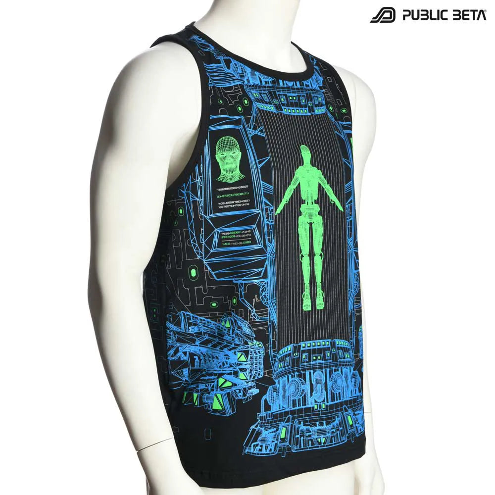 Sleeveless shirt with UV-reactive futuristic graphics, photographed in natural light