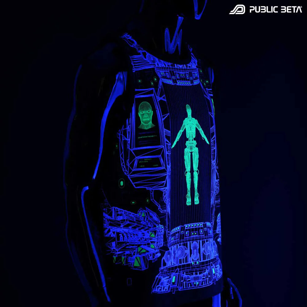 Sleeveless shirt with UV-reactive futuristic print glowing under blacklight