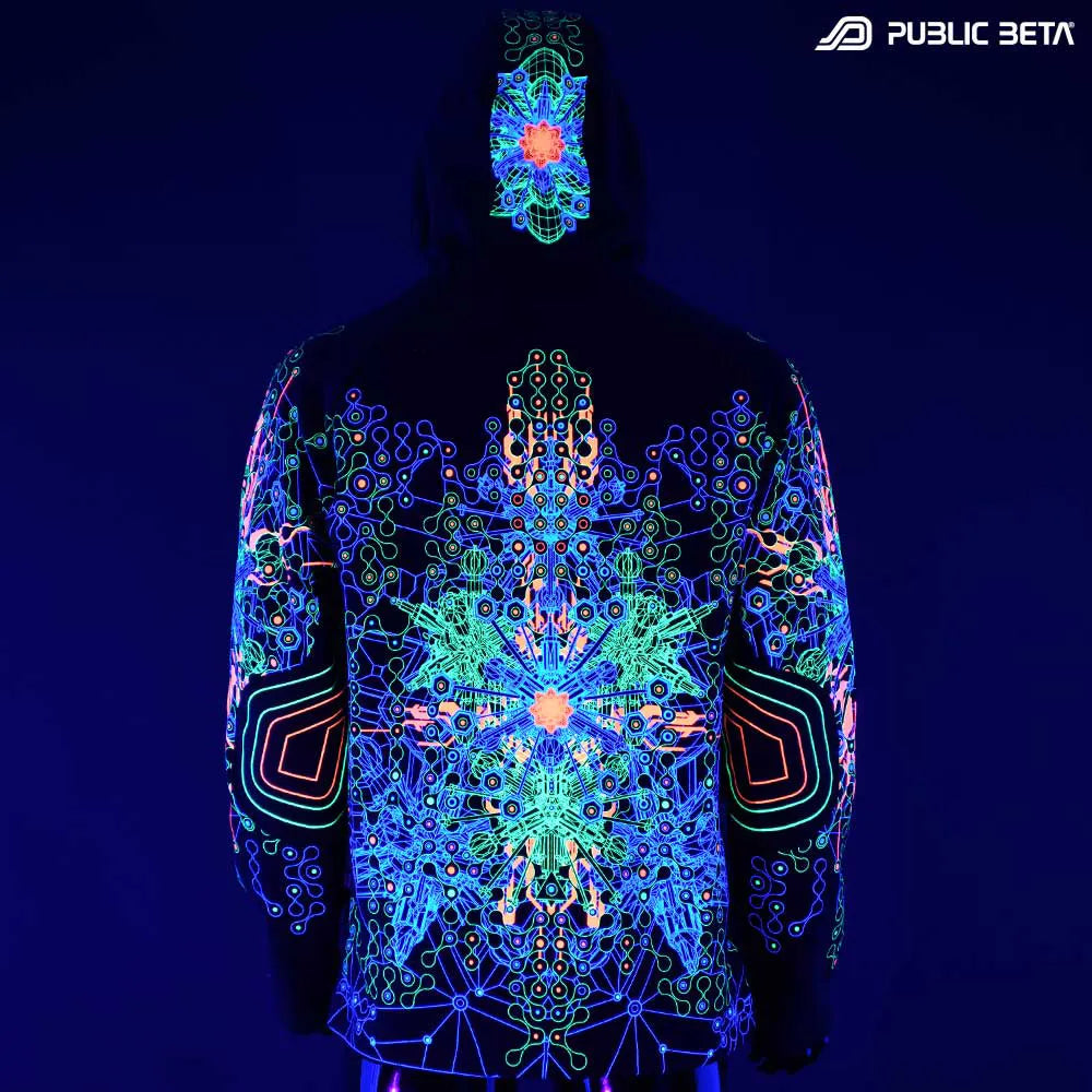 Hooded Sweater with UV-reactive graphics glowing under blacklight