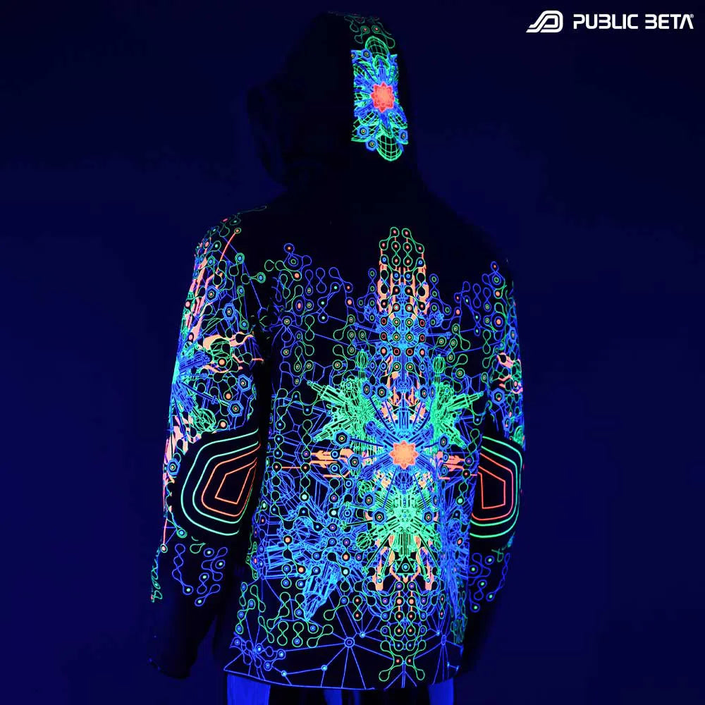 Hooded Sweater with UV-reactive graphics glowing under blacklight