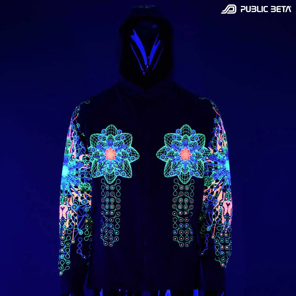 Hooded Sweater with UV-reactive graphics glowing under blacklight