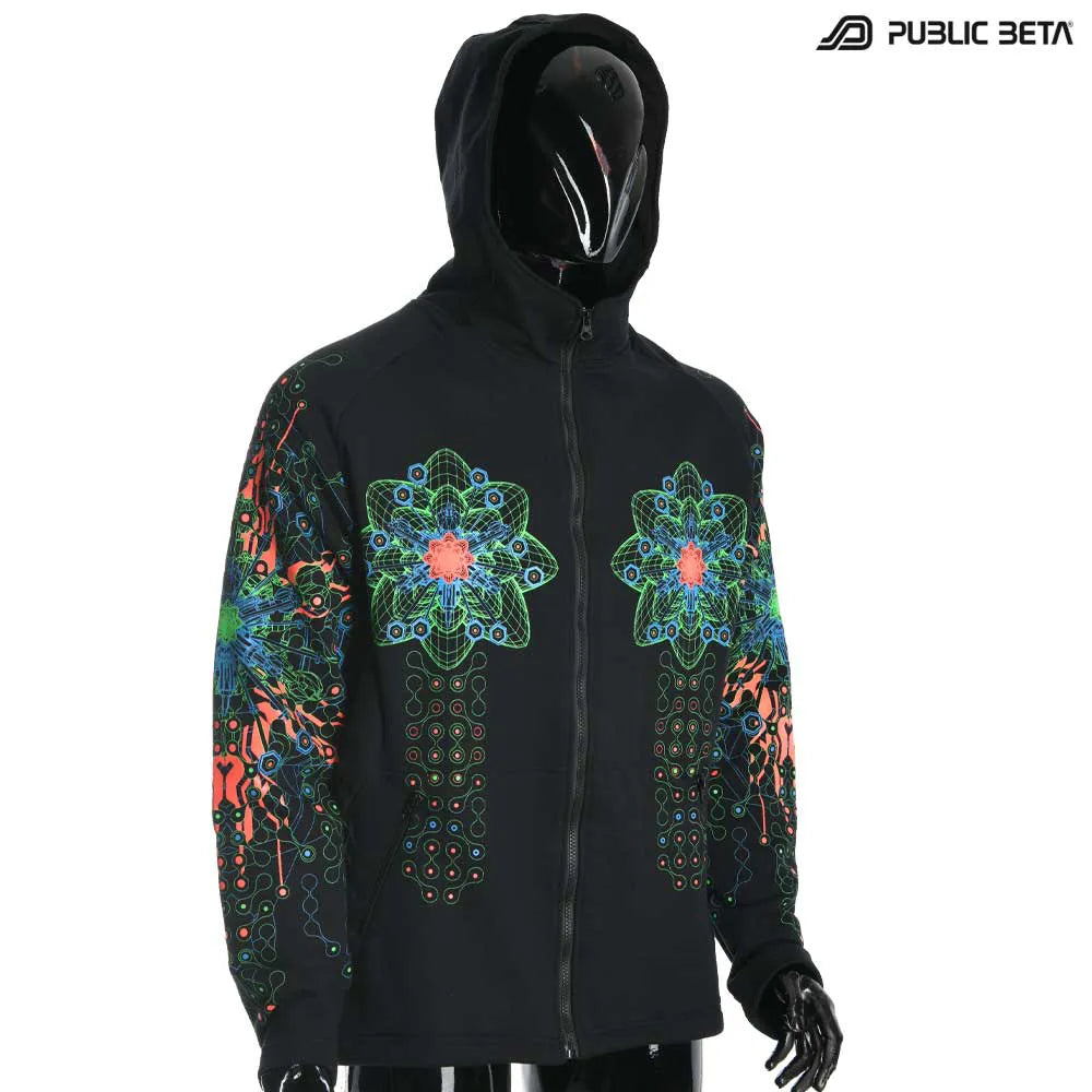 Hooded Sweater with UV-reactive graphics glowing under blacklight