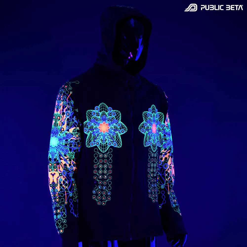 Hooded Sweater with UV-reactive graphics glowing under blacklight