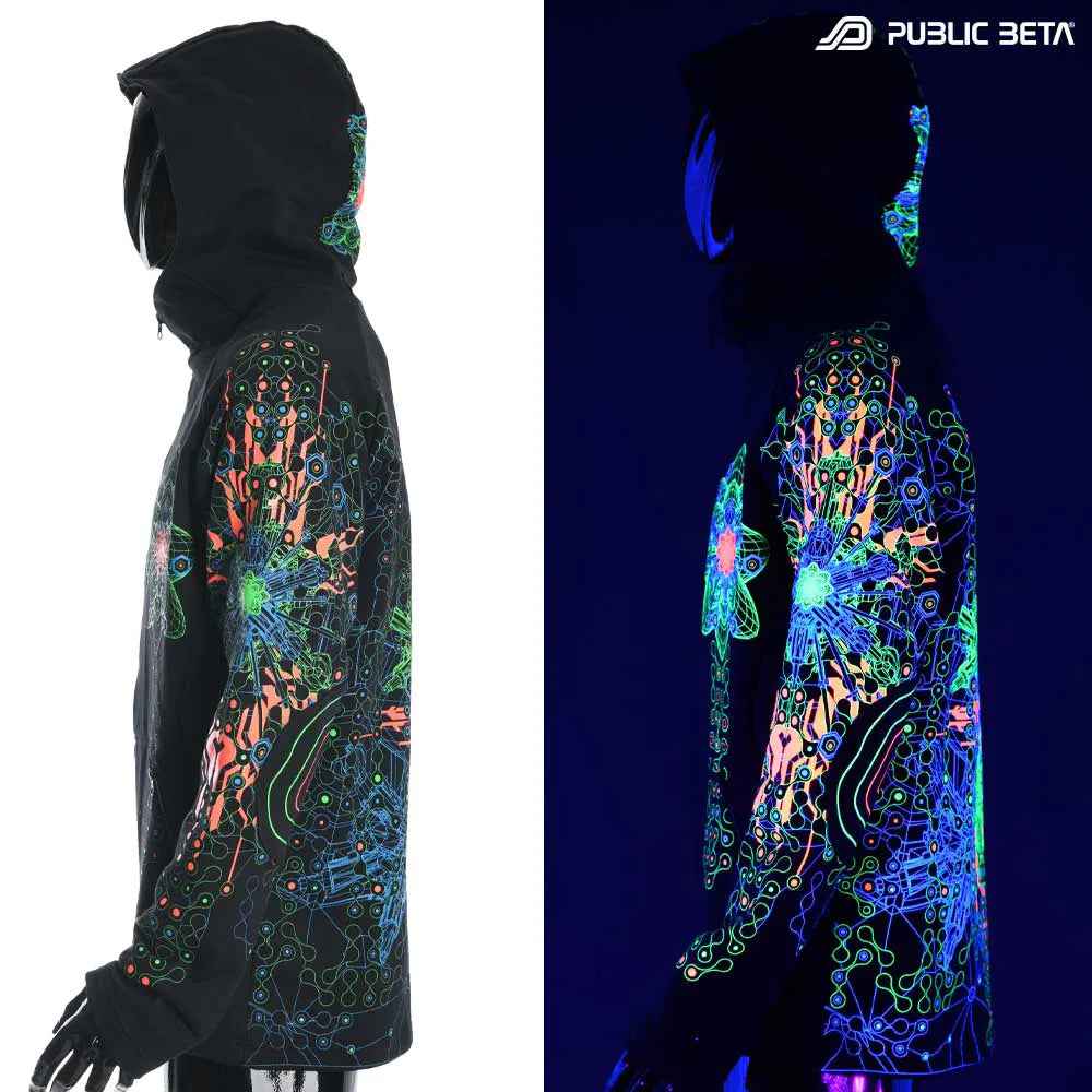 Hooded Sweater with UV-reactive graphics glowing under blacklight
