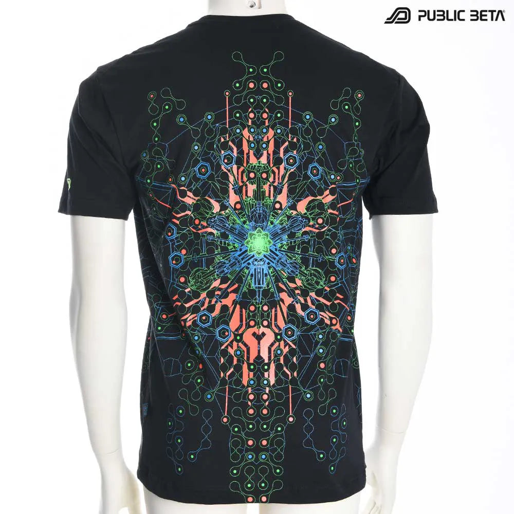 T-shirt with UV-reactive psychedelic art print, photographed in natural light