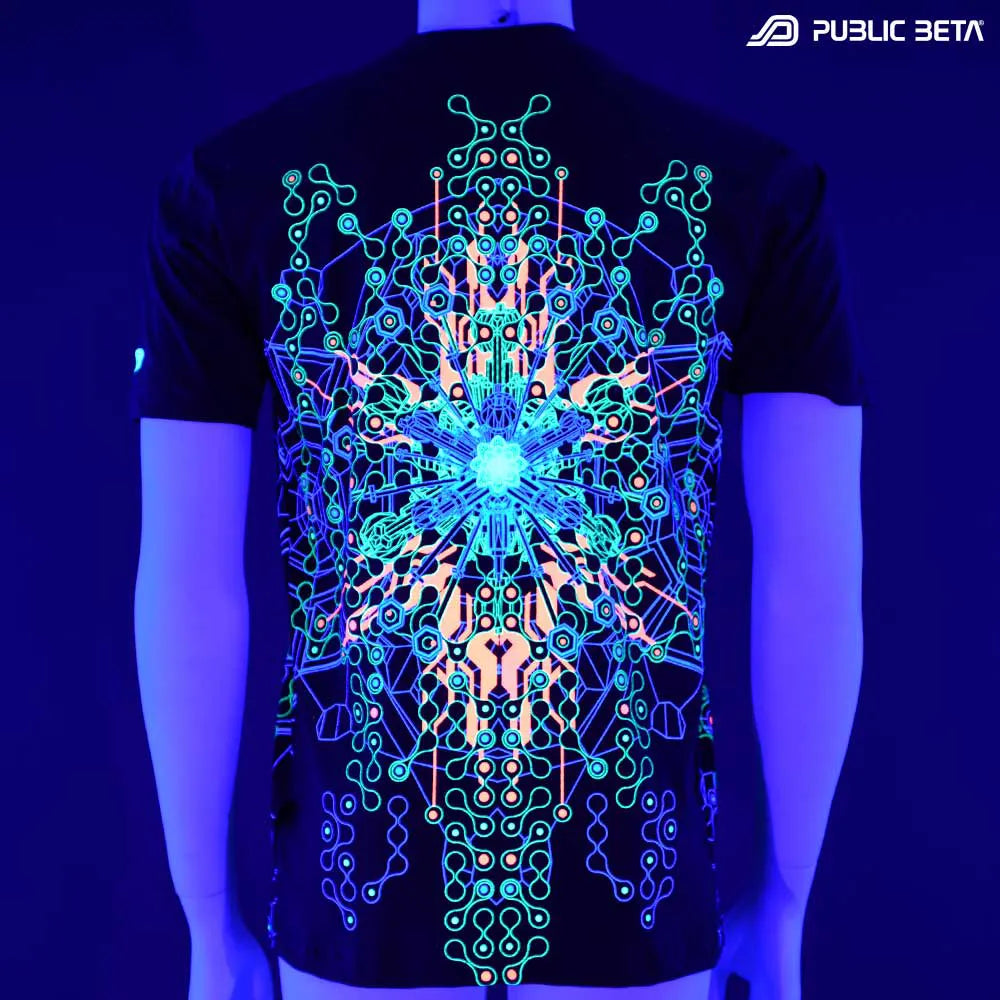 T-shirt with UV-reactive psychedelic art print glowing under blacklight