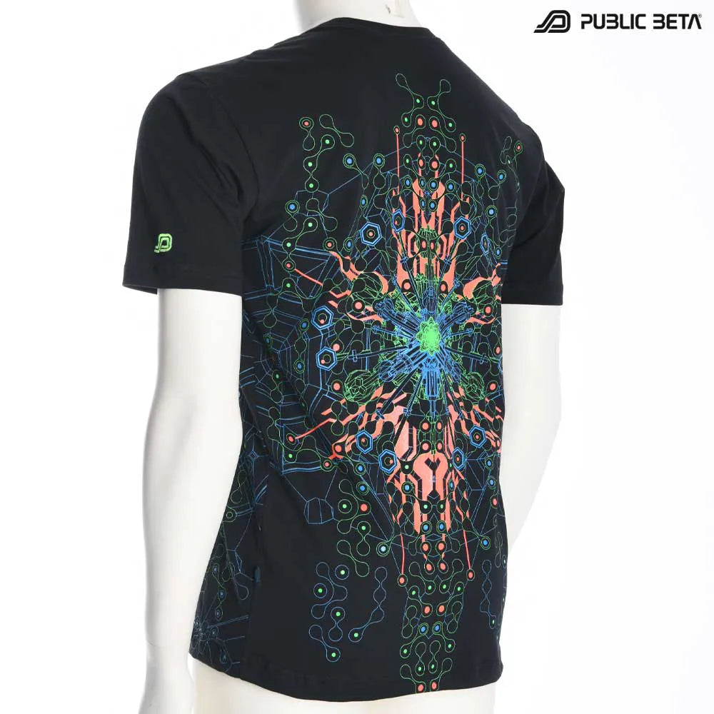 T-shirt with UV-reactive psychedelic art print, photographed in natural light