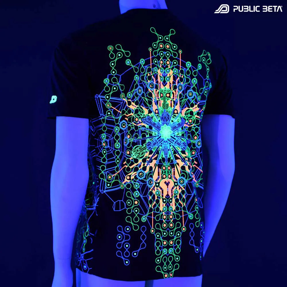 T-shirt with UV-reactive psychedelic art print glowing under blacklight