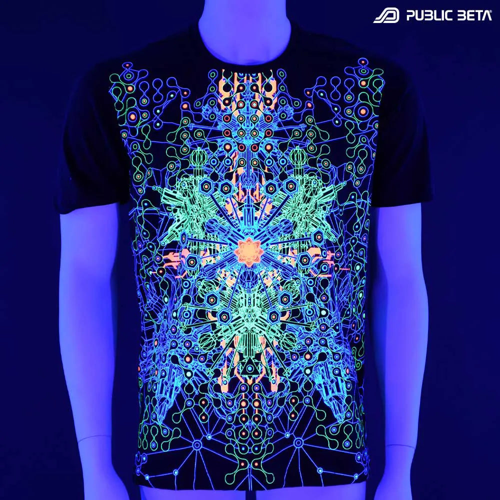 T-shirt with UV-reactive psychedelic art print glowing under blacklight