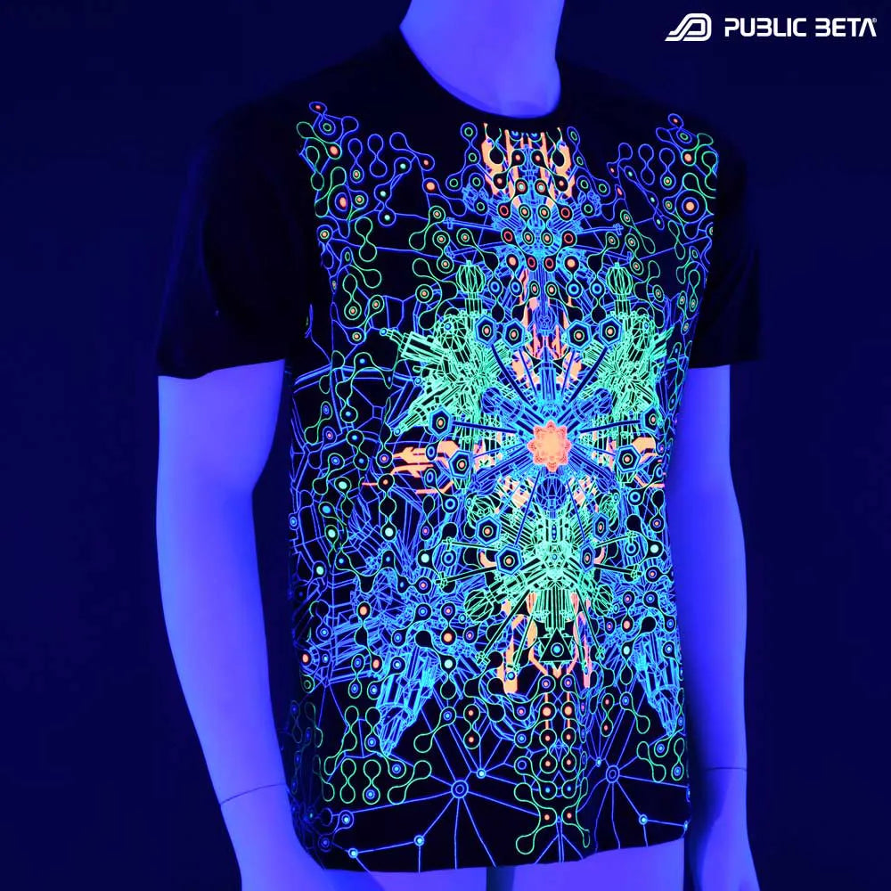 T-shirt with UV-reactive psychedelic art print glowing under blacklight