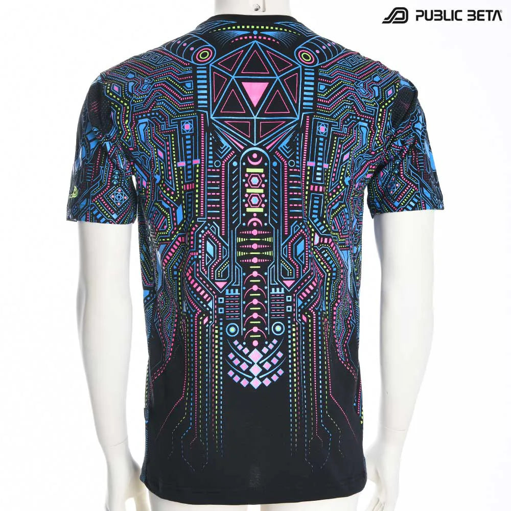 T-shirt with all-over UV-reactive print, photographed in natural light