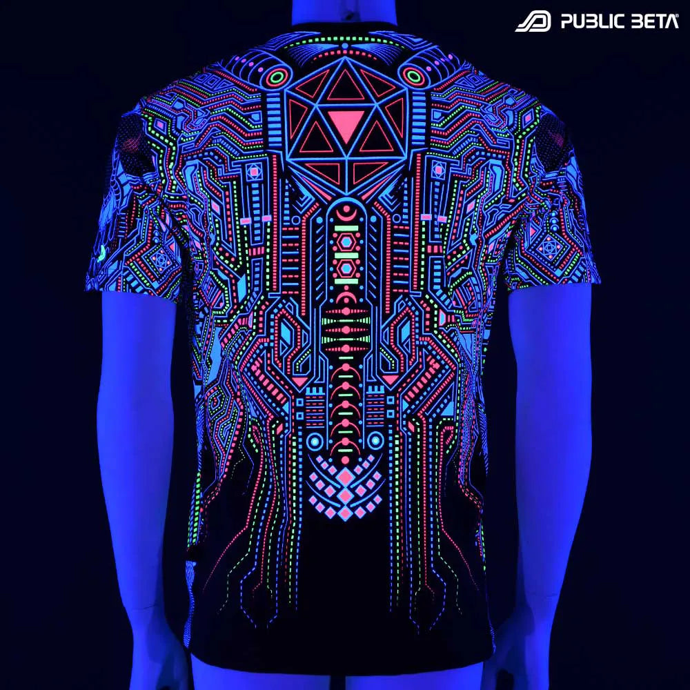 T-shirt with all-over UV-reactive print glowing under blacklight