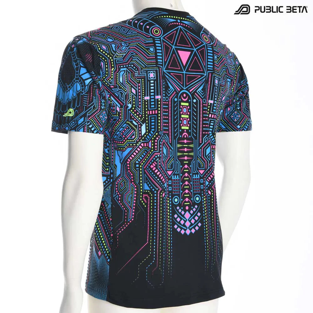 T-shirt with all-over UV-reactive print, photographed in natural light