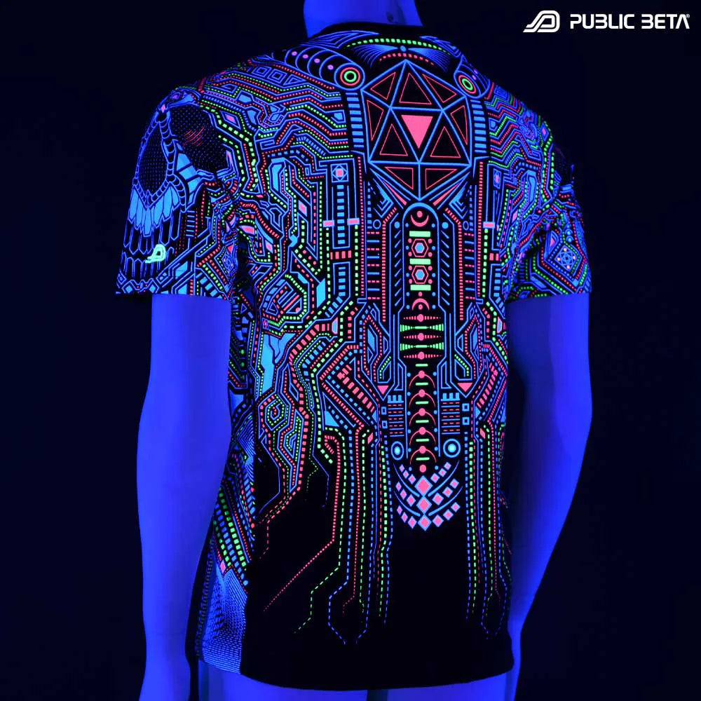 T-shirt with all-over UV-reactive print glowing under blacklight