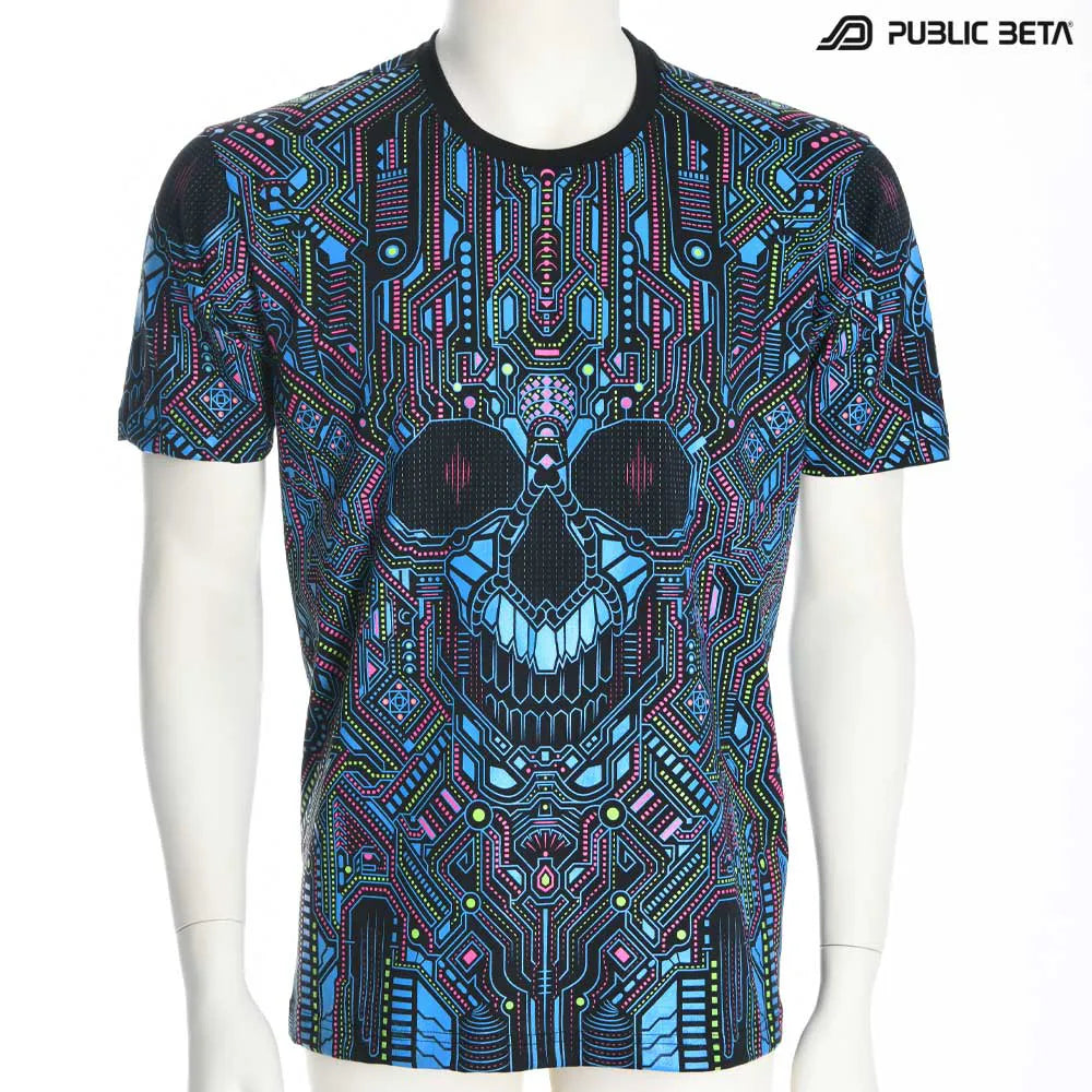 T-shirt with all-over UV-reactive print, photographed in natural light