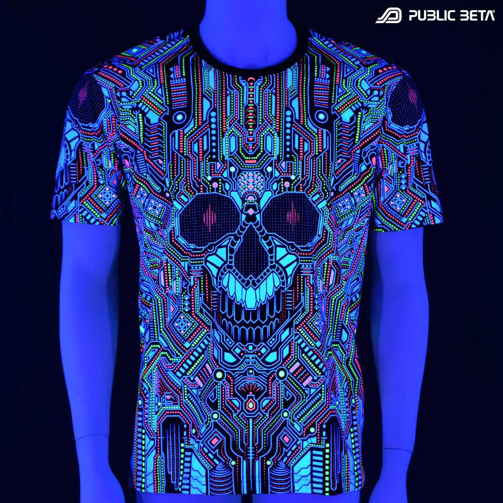 T-shirt with all-over UV-reactive print glowing under blacklight