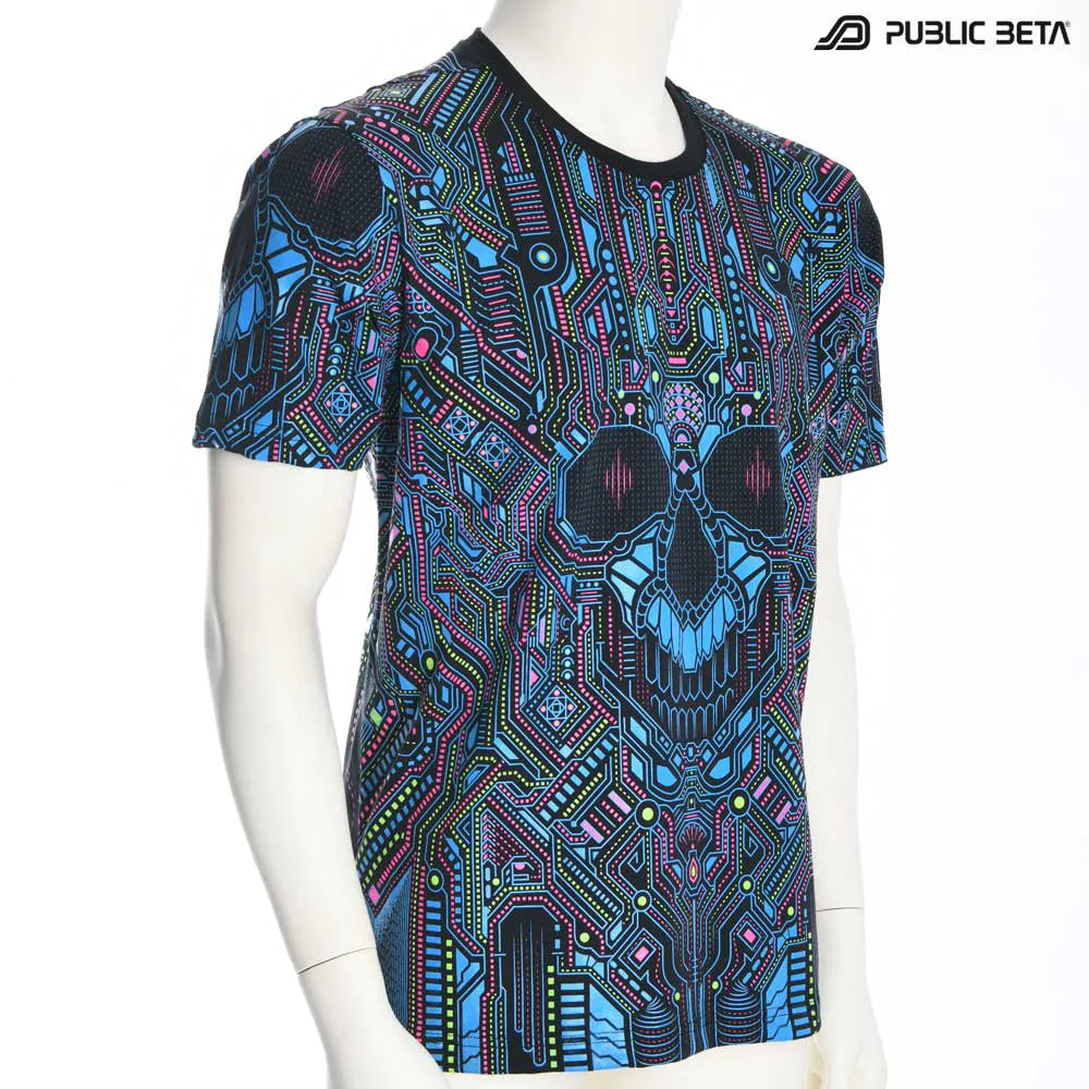 T-shirt with all-over UV-reactive print, photographed in natural light