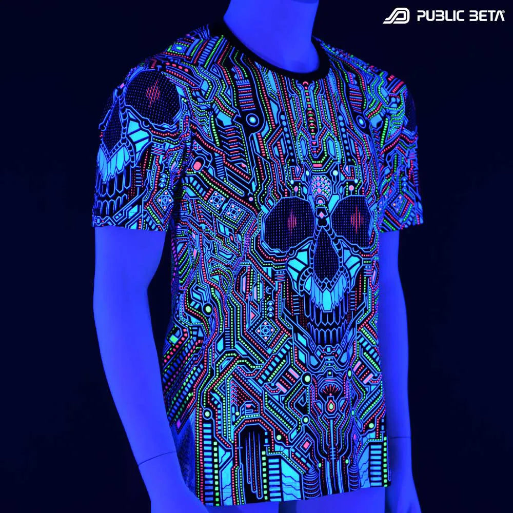 T-shirt with all-over UV-reactive print glowing under blacklight
